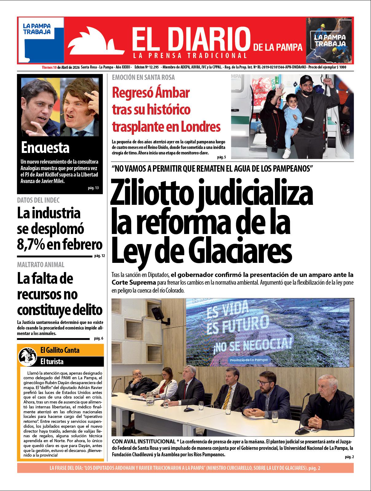 Tapa de El Diario en papel  viernes 10 de abril de 2026